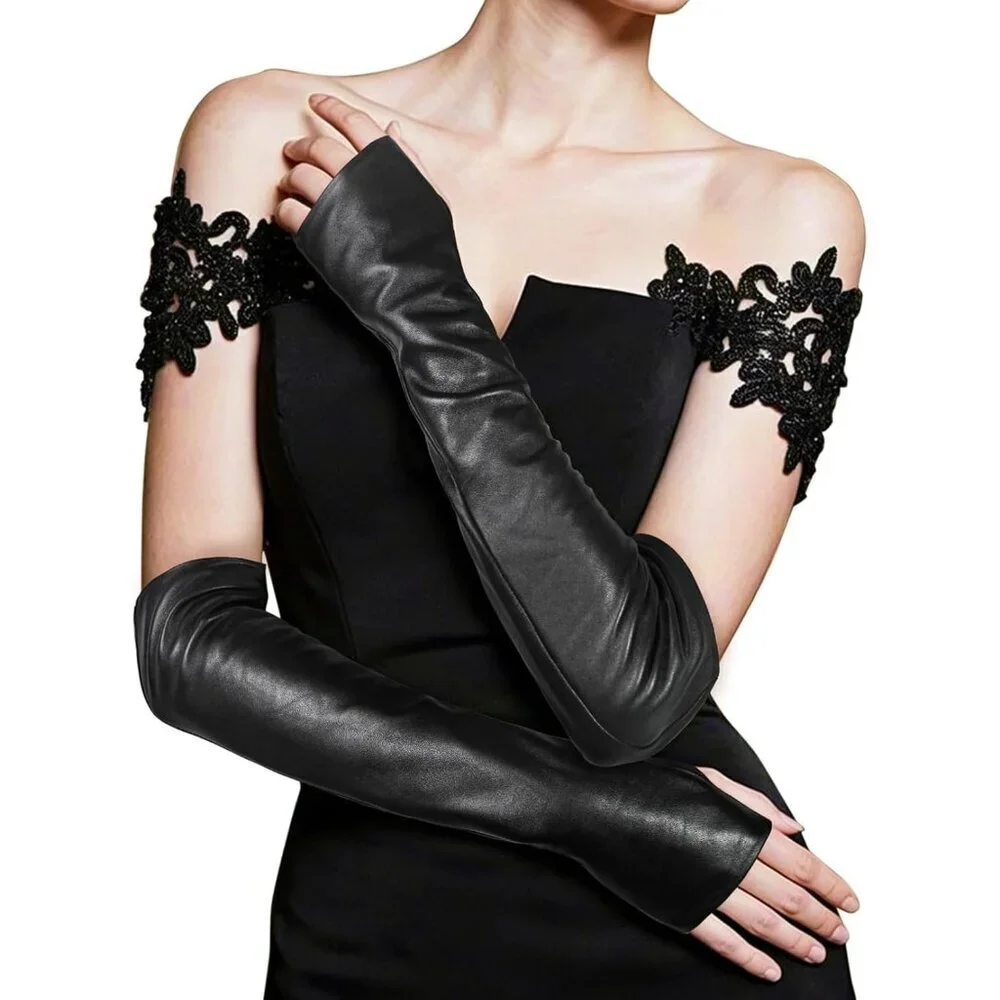 Long Leather Black Finger-less Gloves, Soft Lambskin Leather Dress Driving Glove